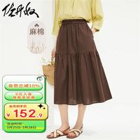 佐丹奴裙子女装天然麻棉梭织褶皱破骨松紧腰半身裙05464306 87酱棕 L