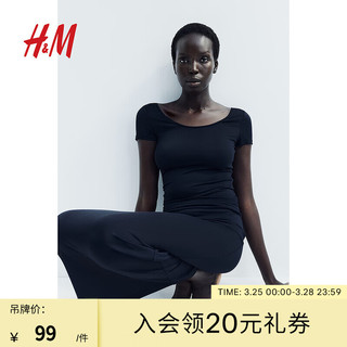 H&M2024夏季女装细纤维低圆领上衣1225184 黑色 165/96A