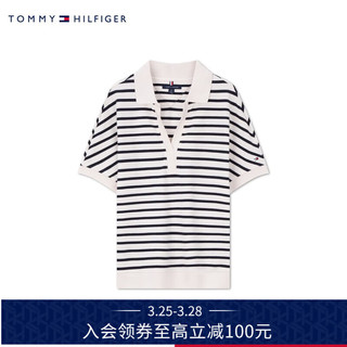 TOMMY HILFIGER24春夏女装莱赛尔微弹条纹宽松V字领短袖POLO衫76J4692 黑白条纹FAP XL （：130-150斤）