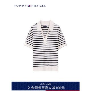 TOMMY HILFIGER24春夏女装莱赛尔微弹条纹宽松V字领短袖POLO衫76J4692 黑白条纹FAP L （：120-130斤）