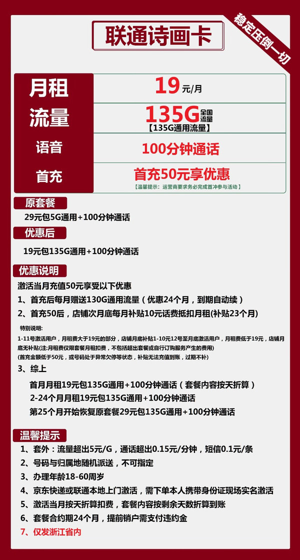 China unicom 中国联通 诗画卡 两年19元月租（135G国内流量+100分钟通话+返20元）返40元