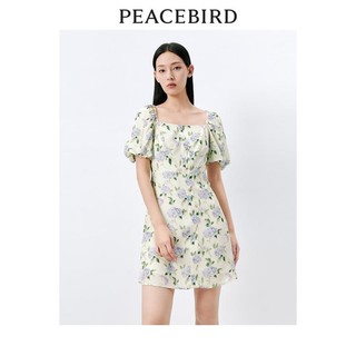 太平鸟女装 夏季时尚主题碎花纹样收腰方领中长款连衣裙女