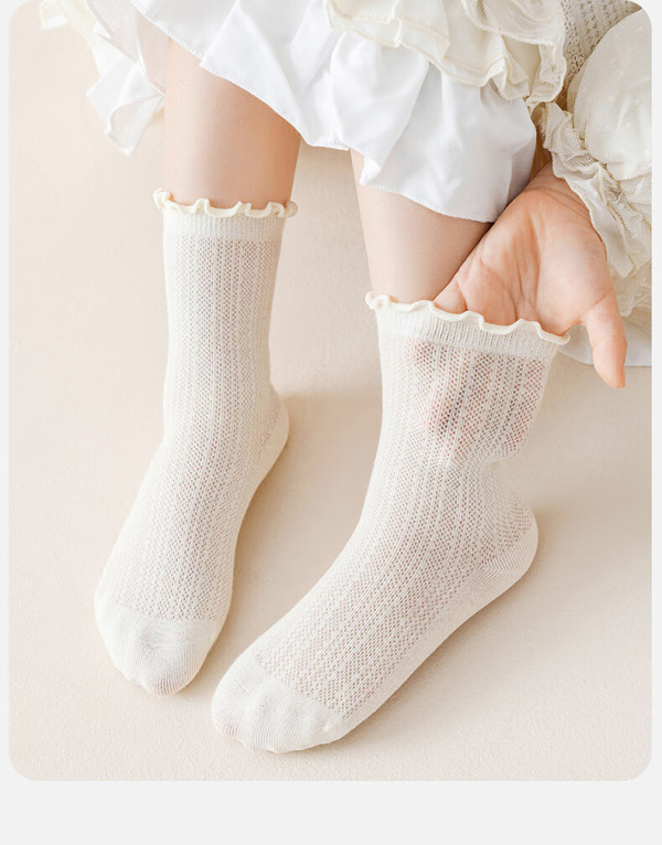 棉奇熊女童白色袜子春夏中筒袜纯棉花边堆堆袜儿童公主袜女孩小腿袜