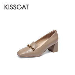 KISSCAT 接吻猫 2024年春季新款通勤时装乐福鞋增高粗跟深口单鞋女