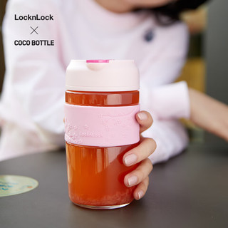 LOCK&LOCK 樱花扣扣杯 吸管杯直饮玻璃手持随手茶水杯子350ML 粉色LLG796PIK