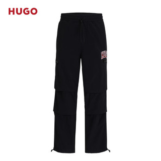 HUGO男士2024夏季防泼水粗横棱纹面料徽标细节长裤 001-黑色 EU:XL