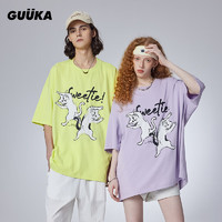 古由卡（GUUKA）猫系列童趣纯棉T恤男夏新款潮 情侣俏皮时尚休闲宽松上衣百搭 