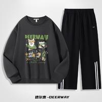 Deerway 德尔惠 春秋季男士运动圆领套装百搭潮流印花直筒裤套头卫衣男