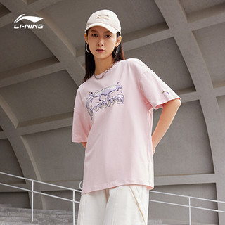 LI-NING 李宁 短袖女士夏季2024新款女装圆领半袖印花上衣纯棉运动T恤女