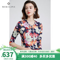 MORELINE 沐兰高级感印花复古国风衬衫女2024春装新款小众设计感七分袖衬衣 克红花 42/XL