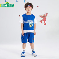SESAME STREET 芝麻街夏季儿童速干套装2024新款洋气男女童夏季儿童短袖童装衣服 蓝色 110cm