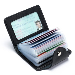 MAIWEINI卡包真牛皮男式多功能银行卡套大容量女式证件卡片包便携迷你卡夹 黑色【20卡位+2透明窗】