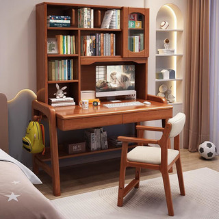 枫翎居 家用卧室书房书桌书架一体简约轻奢可升降电脑桌多功能学 胡桃色 0.8米单书桌