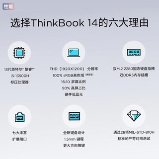 ThinkPad笔记本电脑联想ThinkBook 14 酷睿版 2024 14英寸小商用办公游戏娱乐女士轻薄便携本 ：i5-13500H 32G内存 1T固态 人脸识别 背光键盘