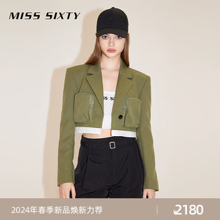 MISS SIXTY2024春季外套女西装领垫肩一粒扣工装风短款拼接 军绿 XS