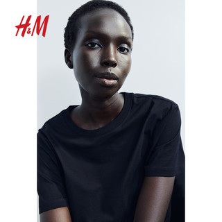 H&M女装T恤2024春季简约休闲时尚圆领短袖上衣内搭0963662 黑色 160/88A