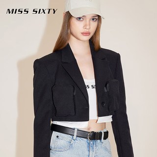 MISS SIXTY2024春季外套女西装领垫肩一粒扣工装风短款拼接 黑色 XS