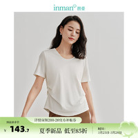 INMAN 茵曼 法式通勤设计感收腰T恤2024夏季女装显瘦U领短袖上衣 米白色 XL