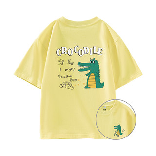 真维斯男童 2024春季 圆领卡通趣味鳄鱼纯棉宽松短袖T恤 黄色2400 120cm