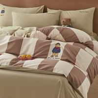 南极人卡通刺绣纯棉水洗棉床上四件套全棉儿童高端床单被套罩床品三件套 熊仔-咖格 1.8m床单四件套(被套200*230cm)