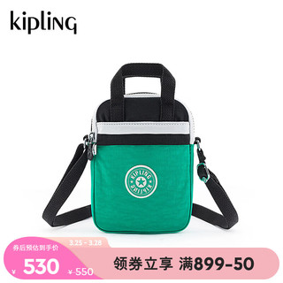 Kipling男女款轻便帆布包2024春季小包斜挎包手机包LEVY 白黑绿拼接