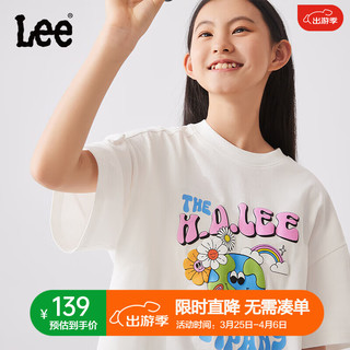 Lee儿童短袖T恤2024春夏女童宽松舒适纯棉印花圆领套头上衣童装 月光白 140cm