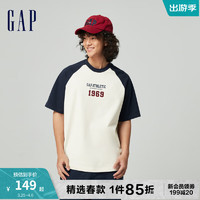 Gap男女装2024春季圆领插肩袖短袖T恤撞色纯棉上衣885838 蓝白撞色 180/100A(XL)亚洲尺码