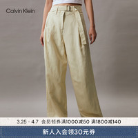 Calvin Klein Jeans24春夏女士舒适含亚麻调节腰带阔腿休闲裤J223325 LFU-豆汁黄 S