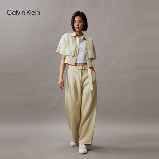 Calvin Klein Jeans24春夏女士舒适含亚麻调节腰带阔腿休闲裤J223325 LFU-豆汁黄 S