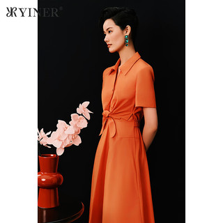 YINER音儿2024夏季法式衬衫方领假两件连衣裙 橙红 44