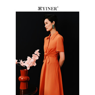 YINER音儿2024夏季法式衬衫方领假两件连衣裙 橙红 42