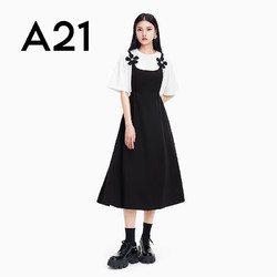 A21 女装甜美吊带长款自然腰连衣裙女花朵装饰收腰小黑裙 黑色 S