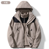 QHFR 时尚三合一冲锋衣男女短外套风衣夹克秋冬加绒保暖户外滑雪登山服 DZ23658卡其-女 M