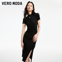 VERO MODA 连衣裙2024春夏新款时髦短袖黑色开衩T恤裙女