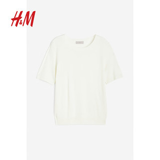 H&M2024春季女装T恤时尚休闲纯色圆领细密针织上衣1130010 白色 170/116A XL