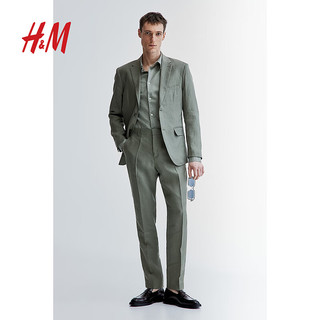 H&M男装2024春季中腰透气修身版型亚麻西裤1219297 浅蓝色 175/84A