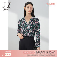 Juzui 玖姿 V领花卉印花小衫女装2023春季新款丝光棉单上衣 花黑 S