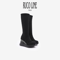 Ruco Line如卡莱意大利高筒坡跟烫钻黑色弹力靴女
