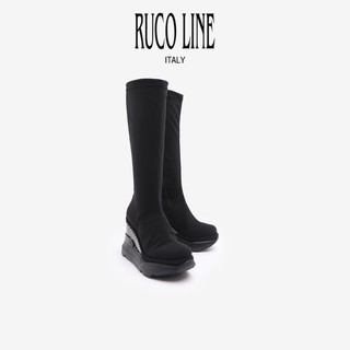 Ruco Line如卡莱意大利高筒坡跟烫钻黑色弹力靴女