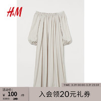 H&M 女装连衣裙夏季垂感宽松袖美背露肩一字领气质长裙0990431 浅米色 160/88A