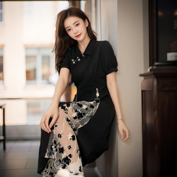 FOURDATRY 新中式国风改良旗袍黑色连衣裙女夏季2024年新款女装收腰复古长裙