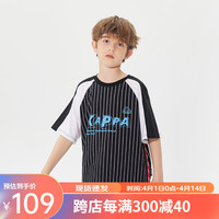 Kappa Kids卡帕儿童夏季潮流竖纹学院风复古时尚男女童中大童短袖 黑色   140