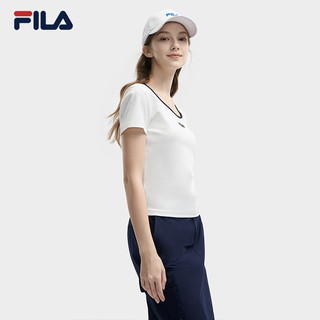 FILA 斐乐 官方女子针织短袖衫2024夏新款时尚休闲简约U领修身T恤