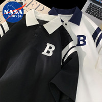 NASA MARVEL 官方联名短袖T恤男保罗衫半袖翻领上衣宽松男士半截袖 黑色 M（90-110斤）