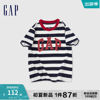 Gap男幼童2024夏季纯棉logo撞色条纹短袖T恤儿童装上衣890229 蓝白条纹 110cm (4-5岁)亚洲尺码