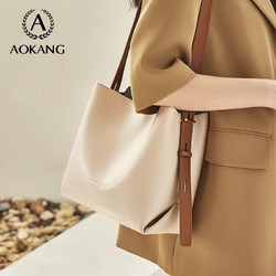 AOKANG 奥康 包包女2023新款气质牛皮水桶包时尚百搭复古小众单肩包