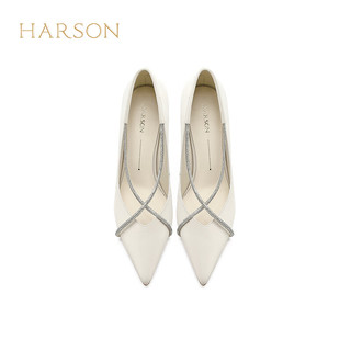 哈森【】2024春季细高跟尖头时装水钻宴会女单鞋HS246203 米白色 36