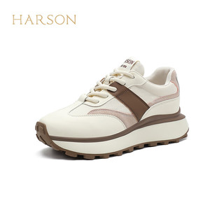 哈森厚底增高女鞋2024春季圆头时尚休闲鞋撞色舒适运动鞋 米棕色 39