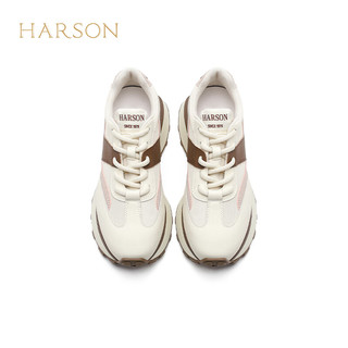 哈森厚底增高女鞋2024春季圆头时尚休闲鞋撞色舒适运动鞋 米棕色 39