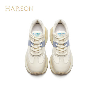 哈森厚底增高女鞋2024春季圆头时尚休闲鞋撞色舒适运动鞋 米兰色 40